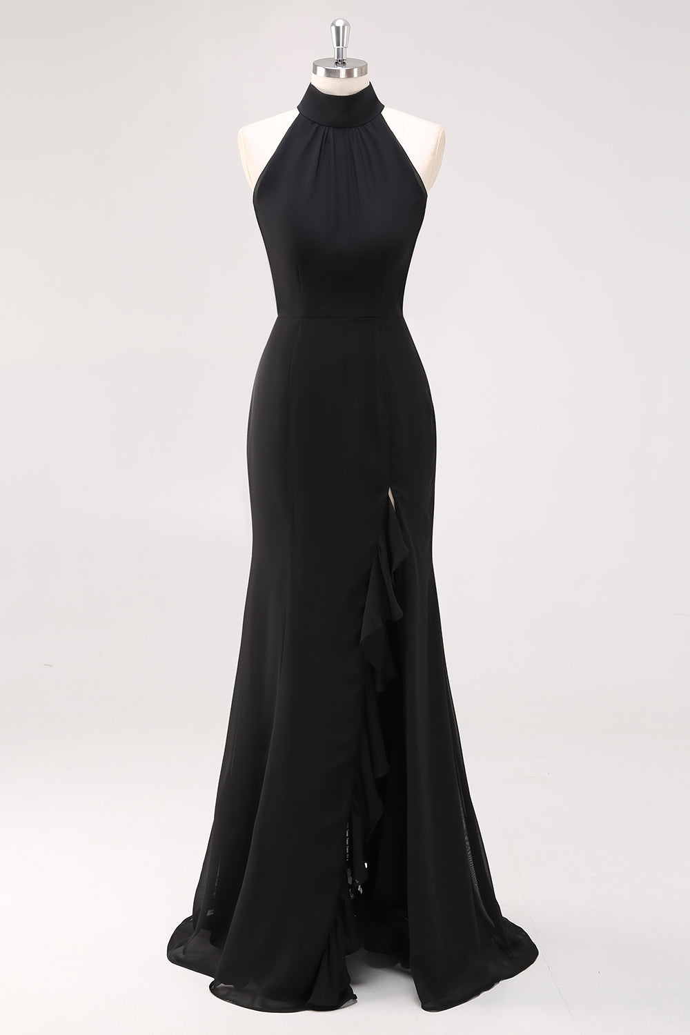Schwarzes Meerjungfrau Langes Neckholder Rüschen Ballkleid mit Schlitz