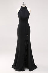 Schwarzes Meerjungfrau Langes Neckholder Rüschen Ballkleid mit Schlitz