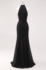 Schwarzes Meerjungfrau Langes Neckholder Rüschen Ballkleid mit Schlitz