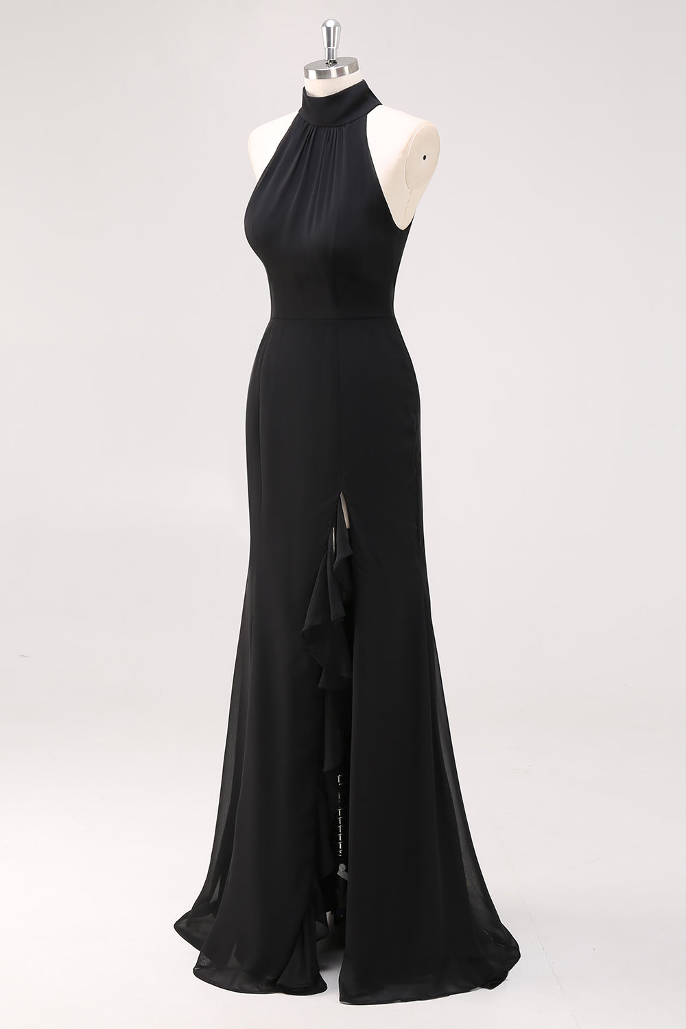 Schwarzes Meerjungfrau Langes Neckholder Rüschen Abendkleid mit Schlitz