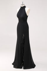 Schwarzes Meerjungfrau Langes Neckholder Rüschen Ballkleid mit Schlitz