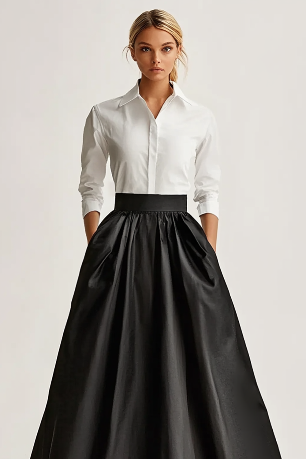 Durchgehendes Schwarzes Satin A-Linie Ballkleid mit Taschen