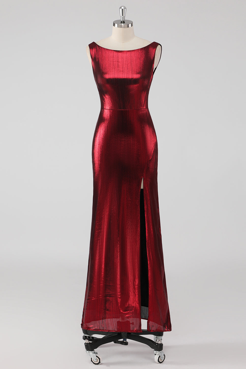 Burgundy Satin Abendkleid mit Rundhalsausschnitt und Schlitz