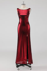 Burgundy Satin Abendkleid mit Rundhalsausschnitt und Schlitz