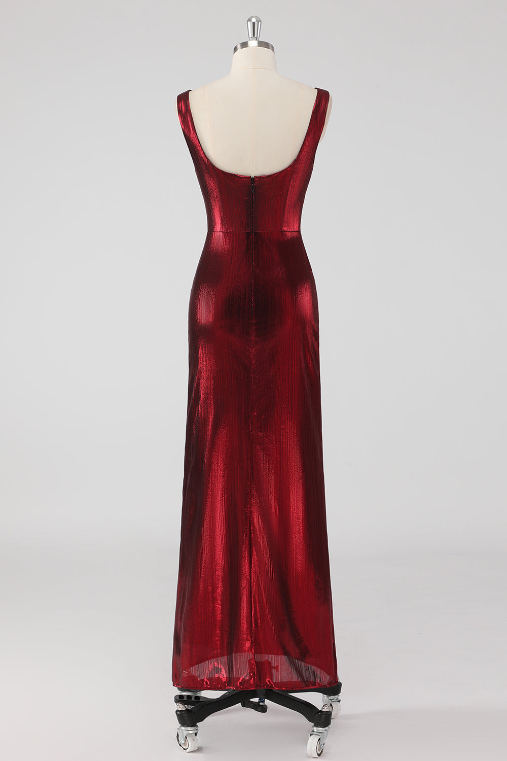 Burgundy Satin Abendkleid mit Rundhalsausschnitt und Schlitz