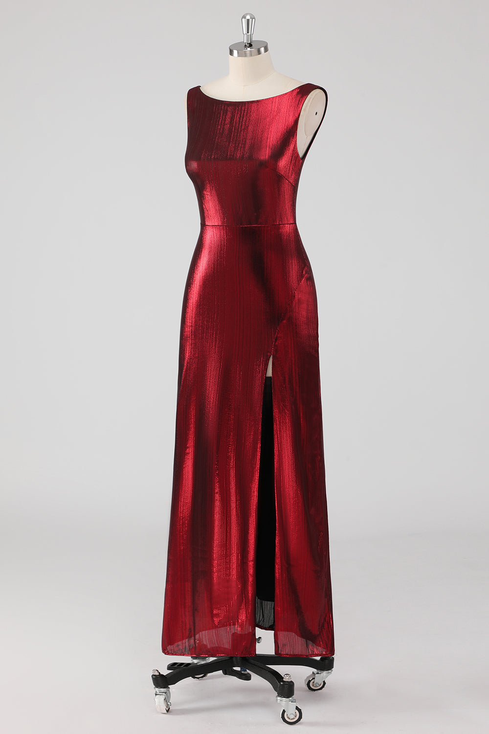 Burgundy Satin Abendkleid mit Rundhalsausschnitt und Schlitz