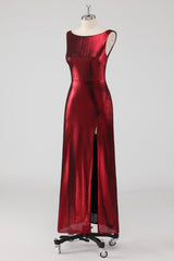 Burgundy Satin Abendkleid mit Rundhalsausschnitt und Schlitz
