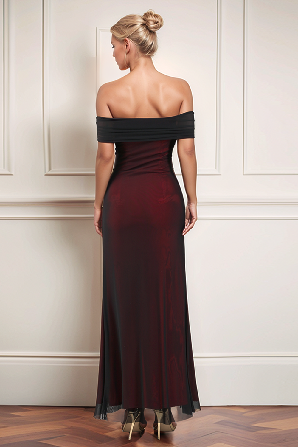 Schwarzes Rotes Schulterfreies Etui Ballkleid
