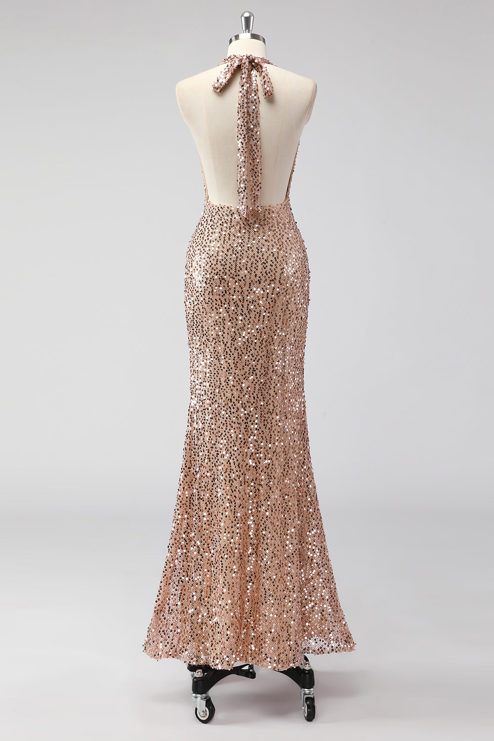 Glitzer Champagner Meerjungfrau Neckholder Langes Ballkleid mit Pailletten