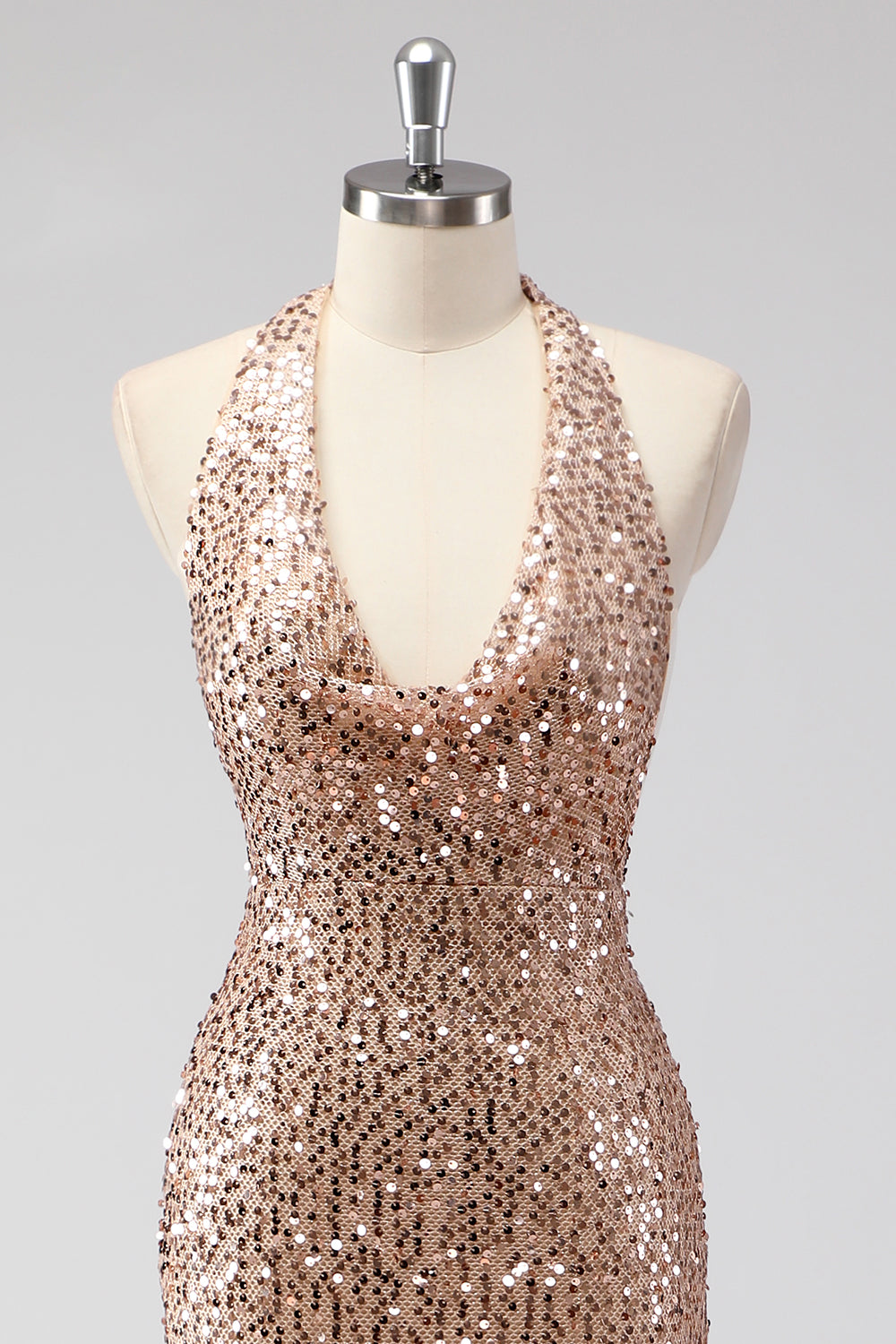 Glitzer Champagner Meerjungfrau Neckholder Langes Ballkleid mit Pailletten
