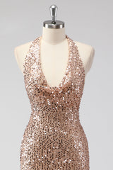 Glitzer Champagner Meerjungfrau Neckholder Langes Ballkleid mit Pailletten