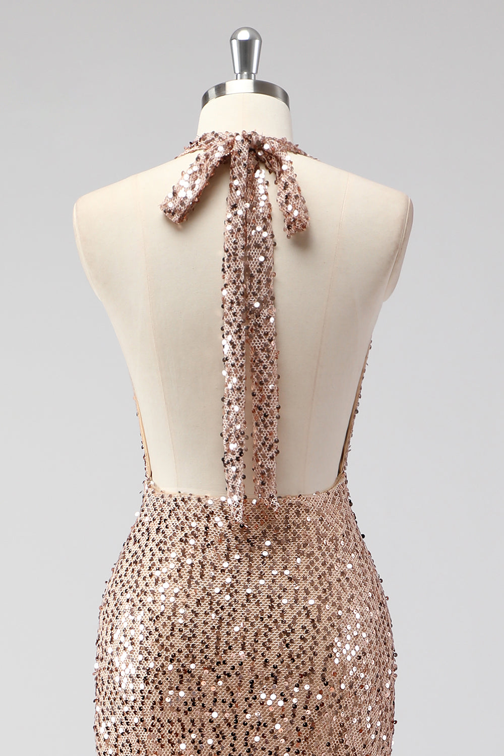 Glitzer Champagner Meerjungfrau Neckholder Langes Ballkleid mit Pailletten