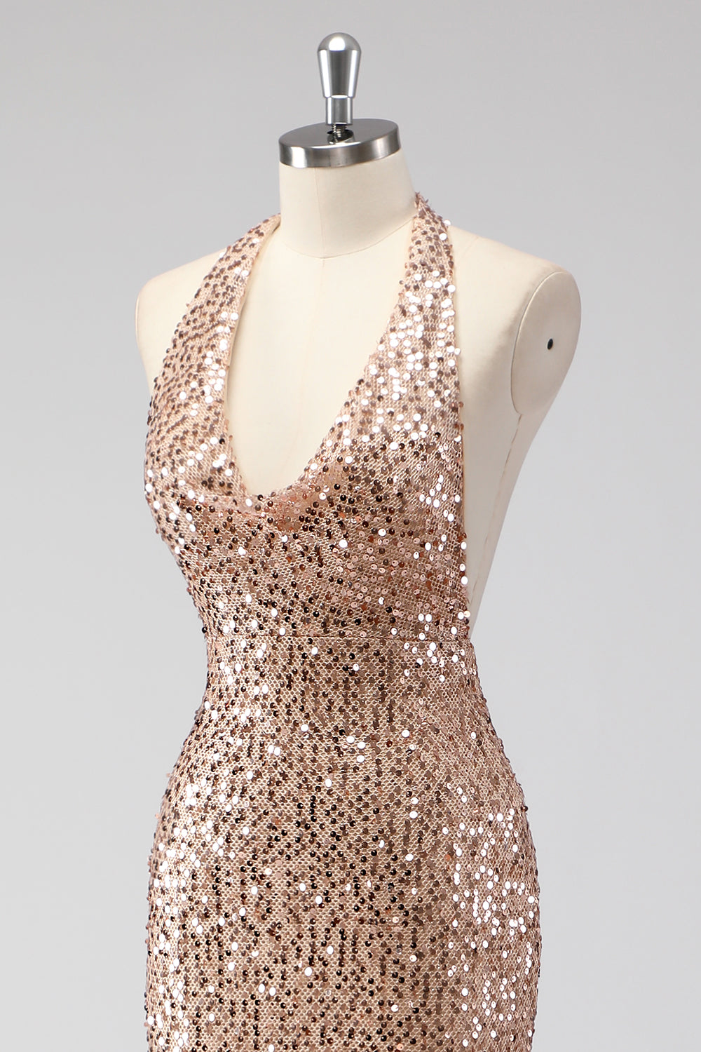 Glitzer Champagner Meerjungfrau Neckholder Langes Ballkleid mit Pailletten