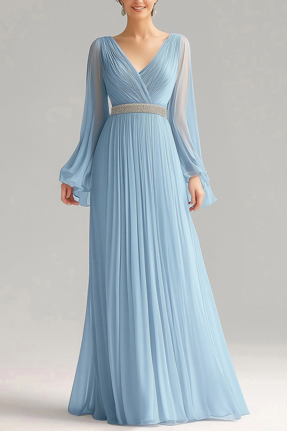 Himmelblaues A-Linie V-Ausschnitt Chiffon Ballkleid mit langen Ärmeln