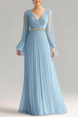 Himmelblaues A-Linie V-Ausschnitt Chiffon Ballkleid mit langen Ärmeln