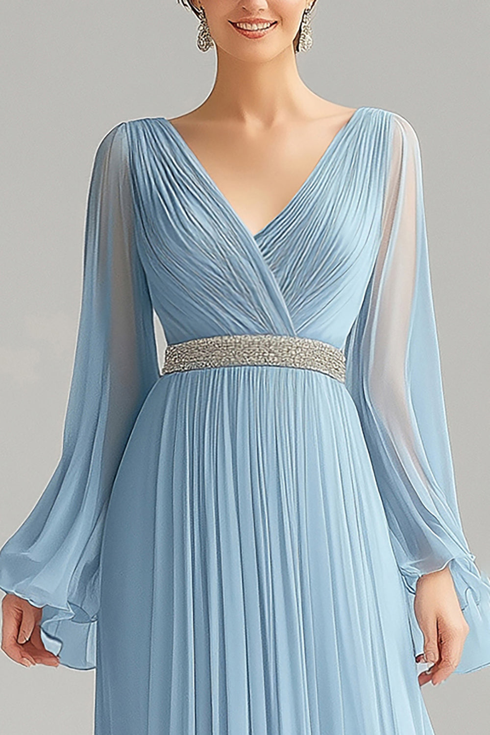 Himmelblaues A-Linie V-Ausschnitt Chiffon Ballkleid mit langen Ärmeln
