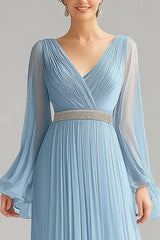 Himmelblaues A-Linie V-Ausschnitt Chiffon Ballkleid mit langen Ärmeln