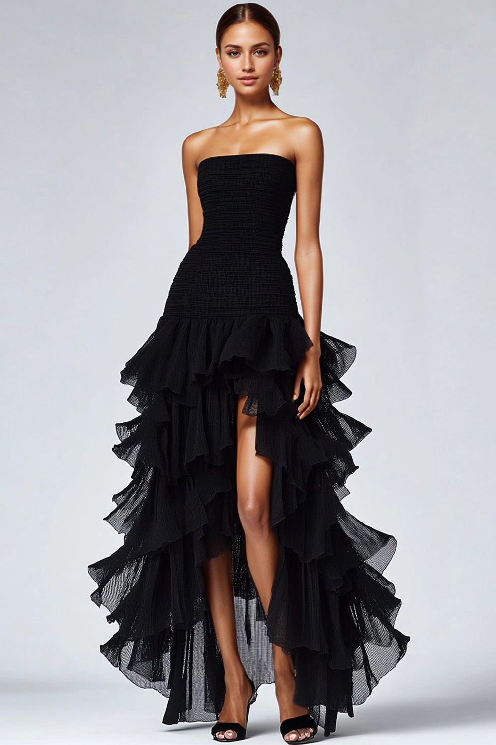 Zapaka Damen Schwarzes Gestuftes Abendkleid mit Schlitz Langes Trägerloses Tüll Rüschen Ballkleid