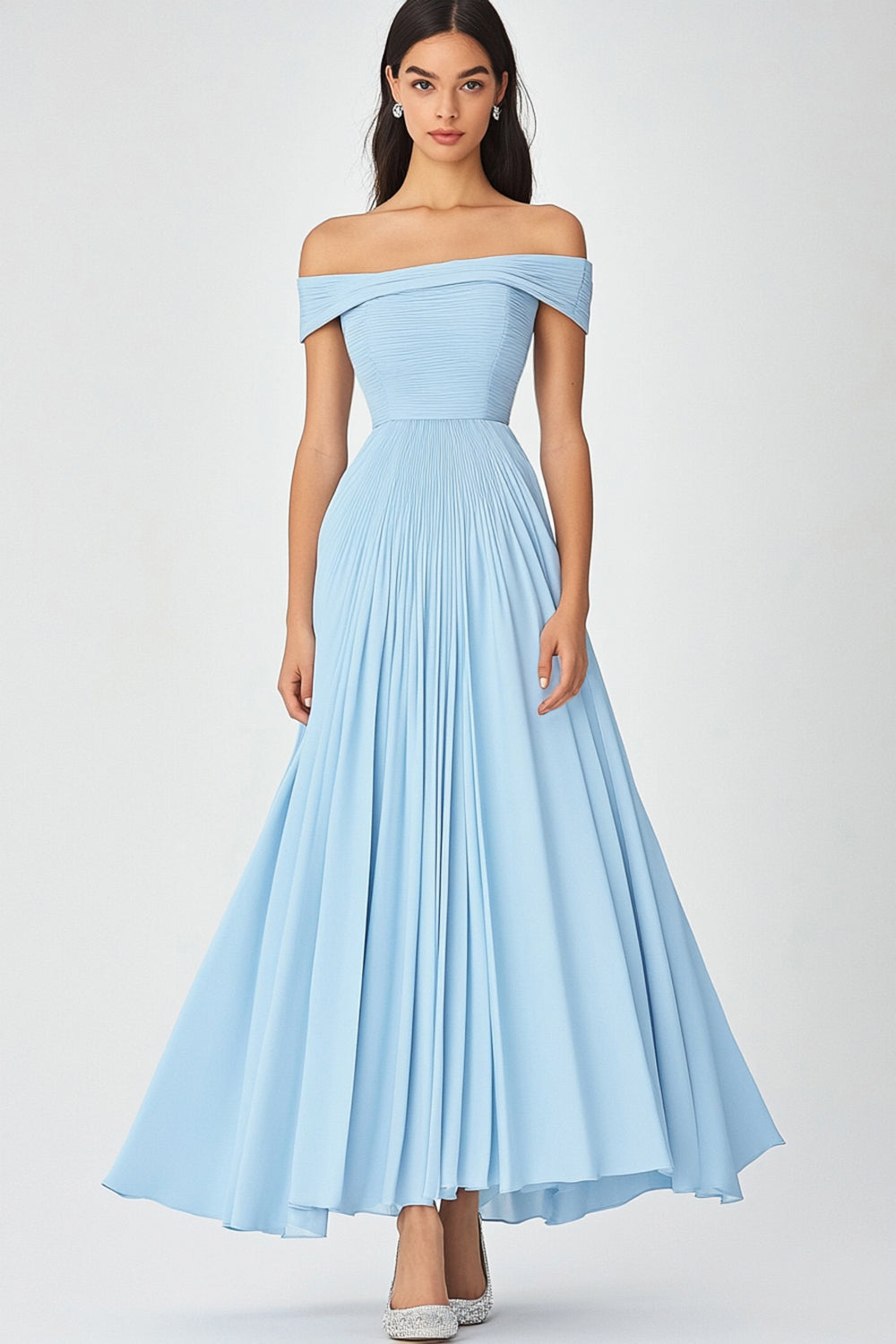Schulterfreies Himmelblaues A-Linie Gerafftes Chiffon Abendkleid