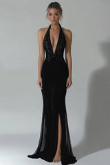 Zapaka Damen Schwarzes Neckholder Meerjungfrau Abendkleid mit Schlitz Tiefe V-Ausschnitt Chiffon Gala Ballkleid mit Pailletten