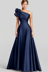 ZAPAKA Damen Marineblaues Langes Ballkleid mit Rüschen A-Linie Eine Schulter Abendkleid aus Satin