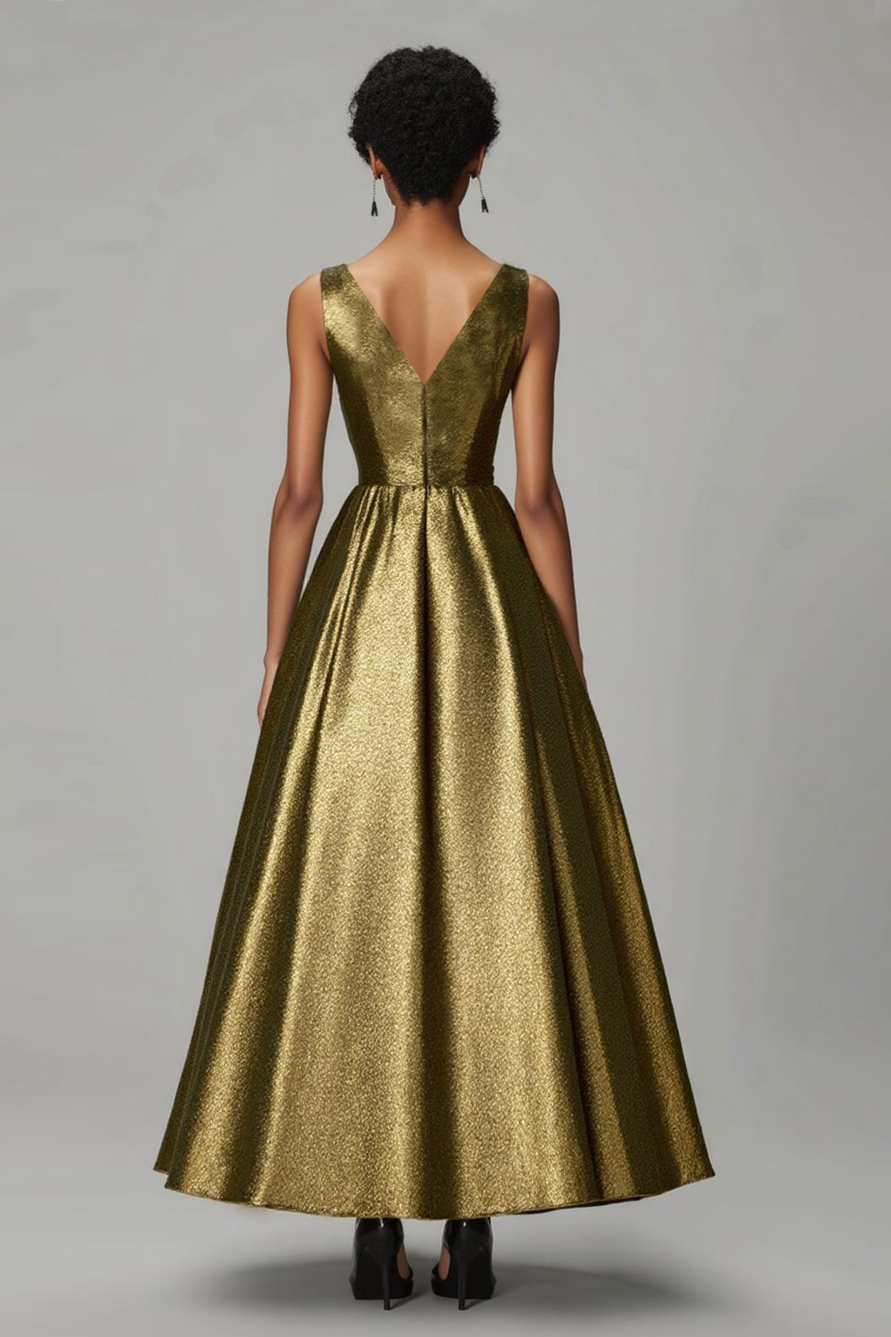 Glitzerndes Dunkelgoldenes Knöchellänges Abendkleid in A-Linie mit V-Ausschnitt und Rüschen