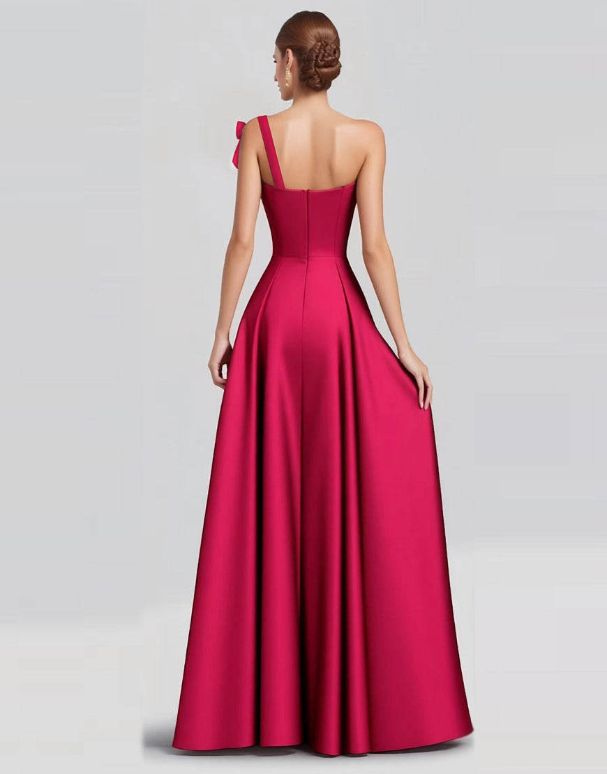 Fuchsia A-Linie Langes Satin Ballkleid mit einer Schulterschleife