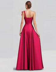 Fuchsia A-Linie Langes Satin Ballkleid mit einer Schulterschleife