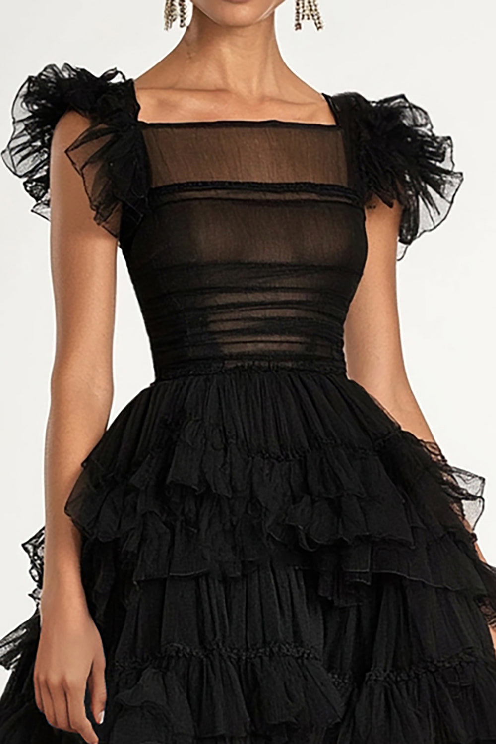 Schwarzes A-Linie Flachere Ärmel Rüschen Tüll Teelanges Abendkleid