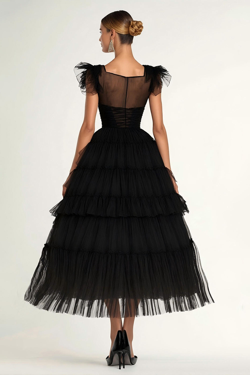 Schwarzes A-Linie Flachere Ärmel Rüschen Tüll Teelanges Abendkleid