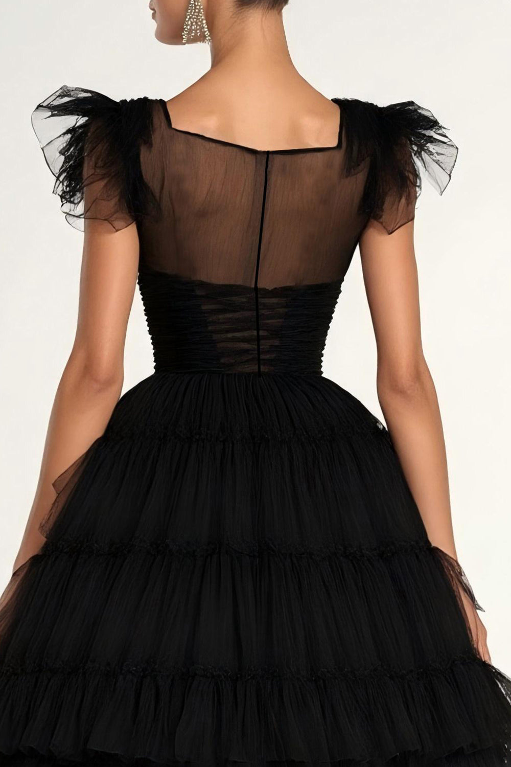 Schwarzes A-Linie Flachere Ärmel Rüschen Tüll Teelanges Abendkleid