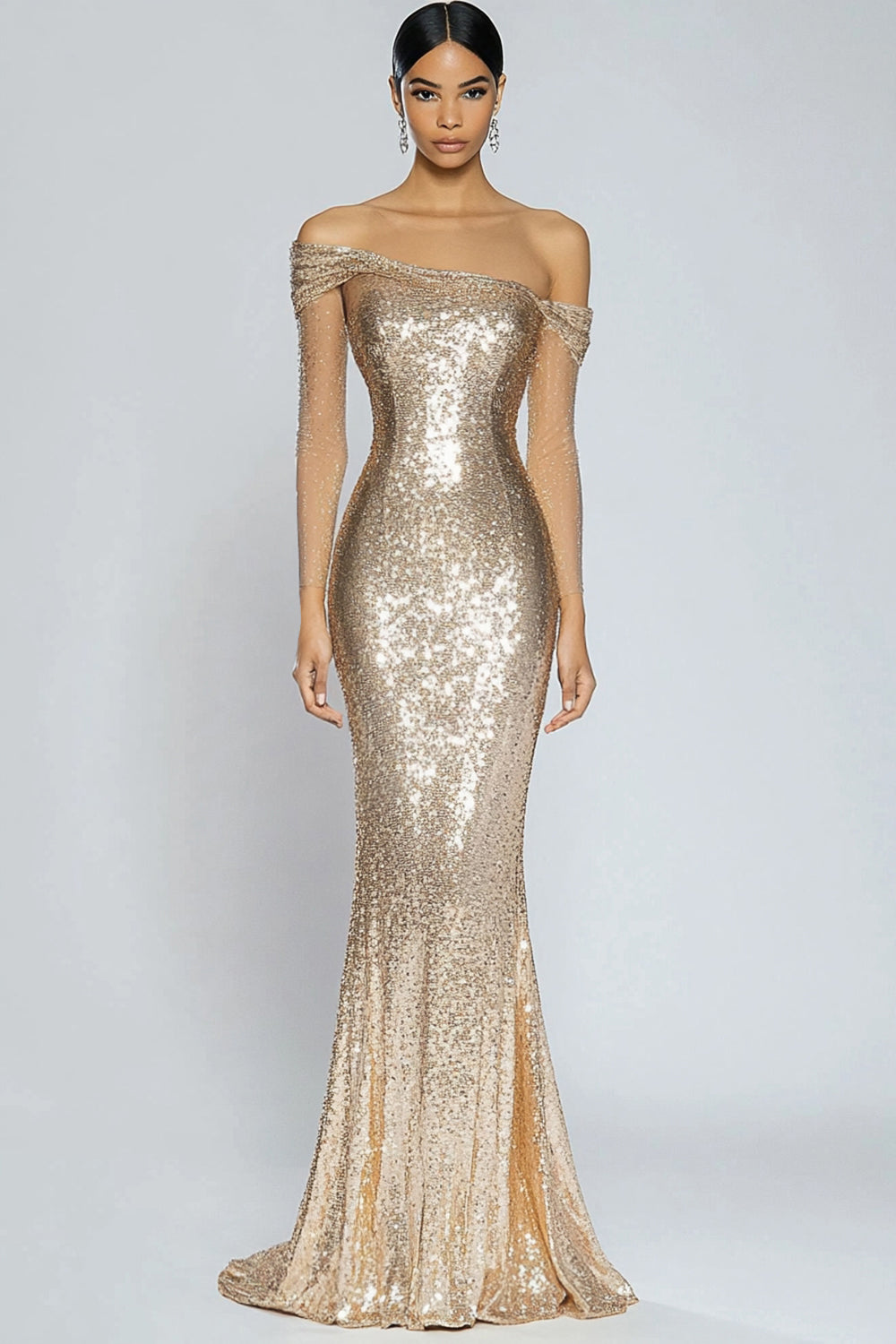 ZAPAKA Damen Glitzerndes Champagner Langes Ballkleid Meerjungfrau Schulterfreies Pailletten Abendkleid
