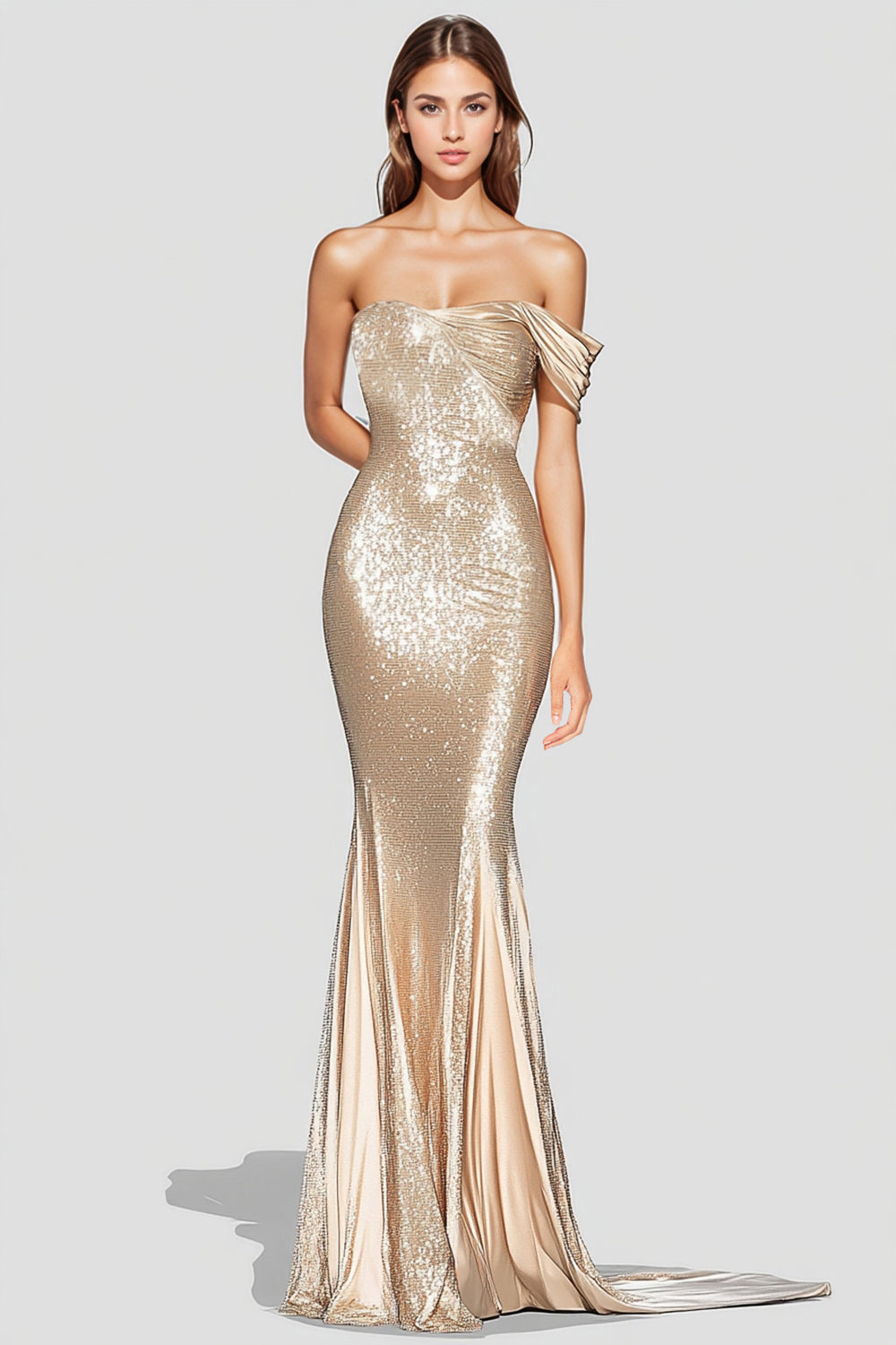 Glitzerndes Mermaid Champagner Schulterfreies Plissiertes Abendkleid mit Pailletten