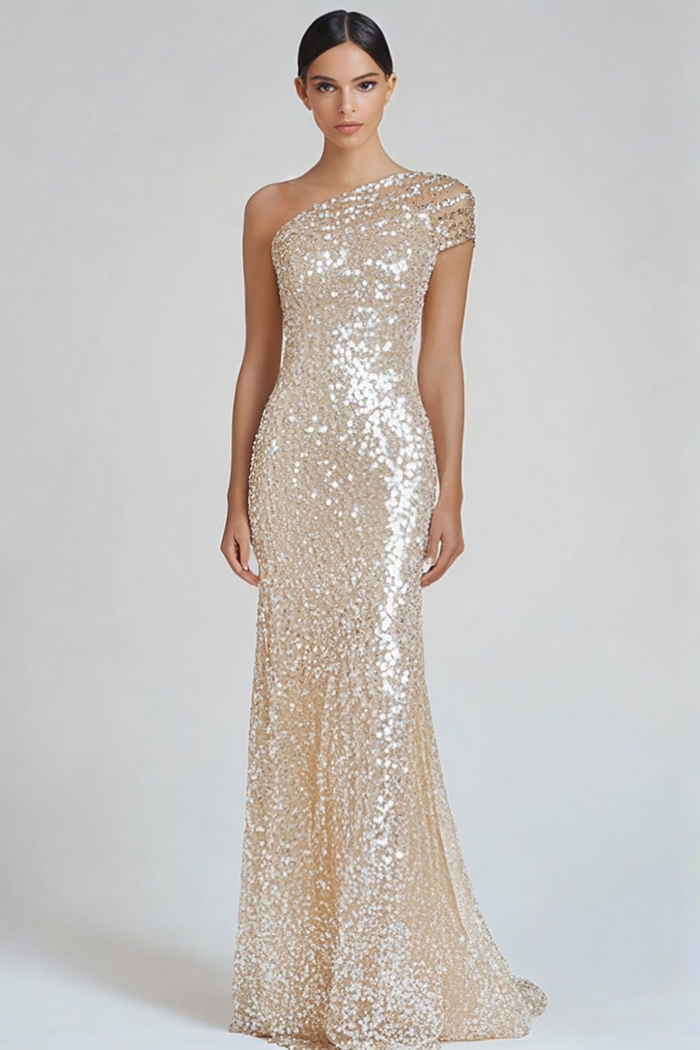 Zapaka Damen Glitzerndes Champagner Abendkleid Meerjungfrau Eine Schulter Ballkleid mit Pailletten