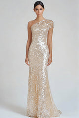 Zapaka Damen Glitzerndes Champagner Abendkleid Meerjungfrau Eine Schulter Ballkleid mit Pailletten