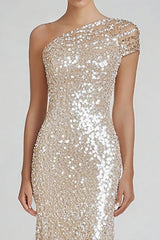 Glitzerndes Champagner Meerjungfrauen Eine Schulter Abendkleid mit Pailletten