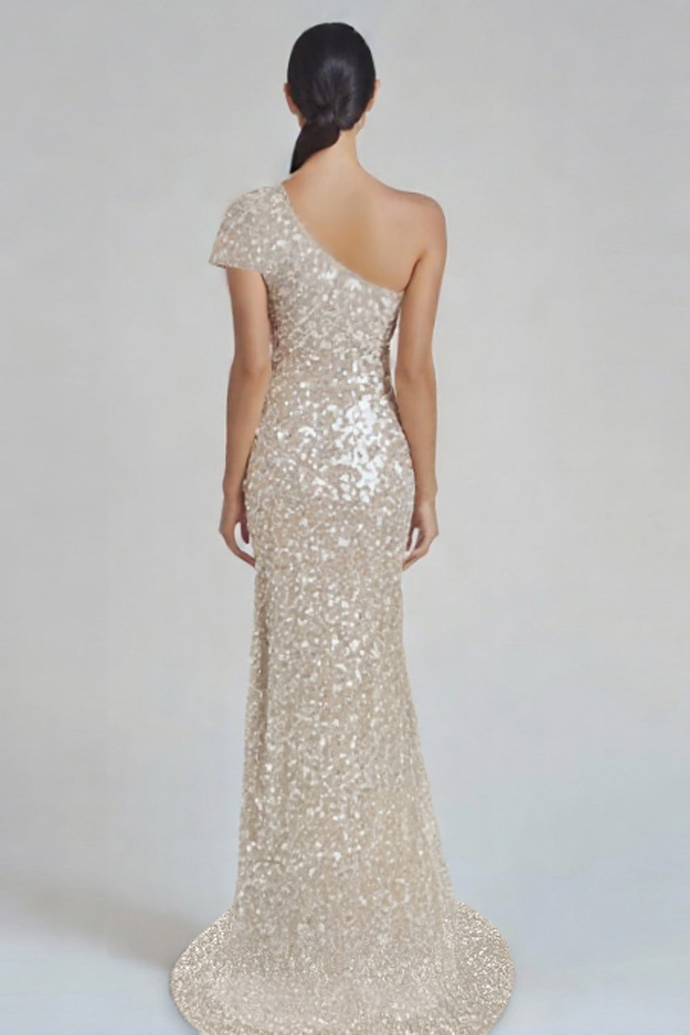 Glitzerndes Champagner Meerjungfrauen Eine Schulter Abendkleid mit Pailletten