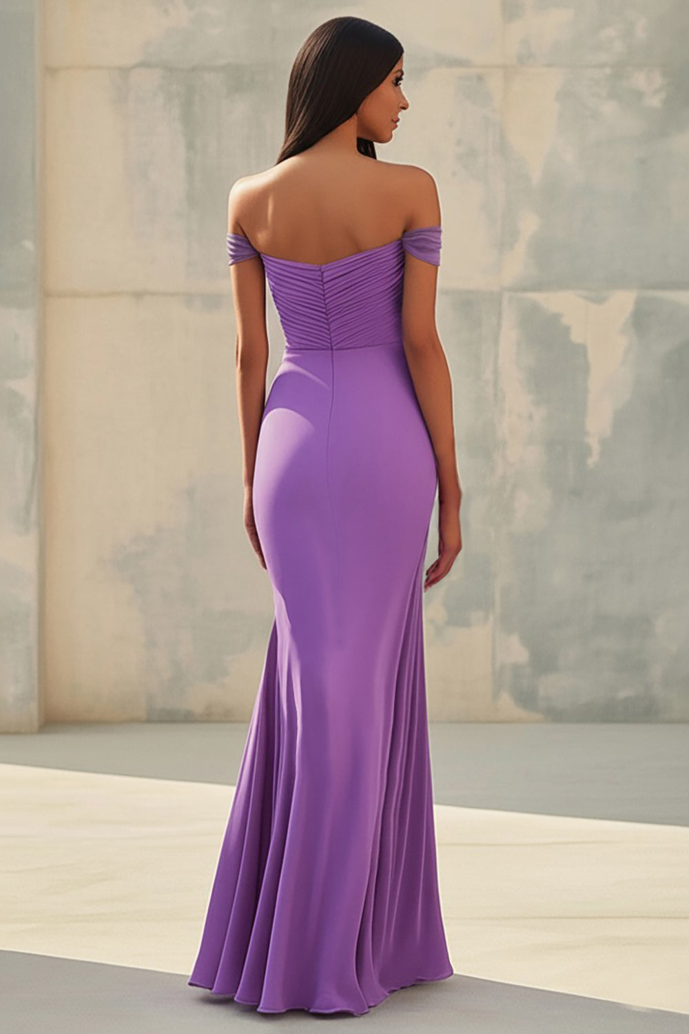 Meerjungfrau Schulterfreies Lila Chiffon Langes Abendkleid