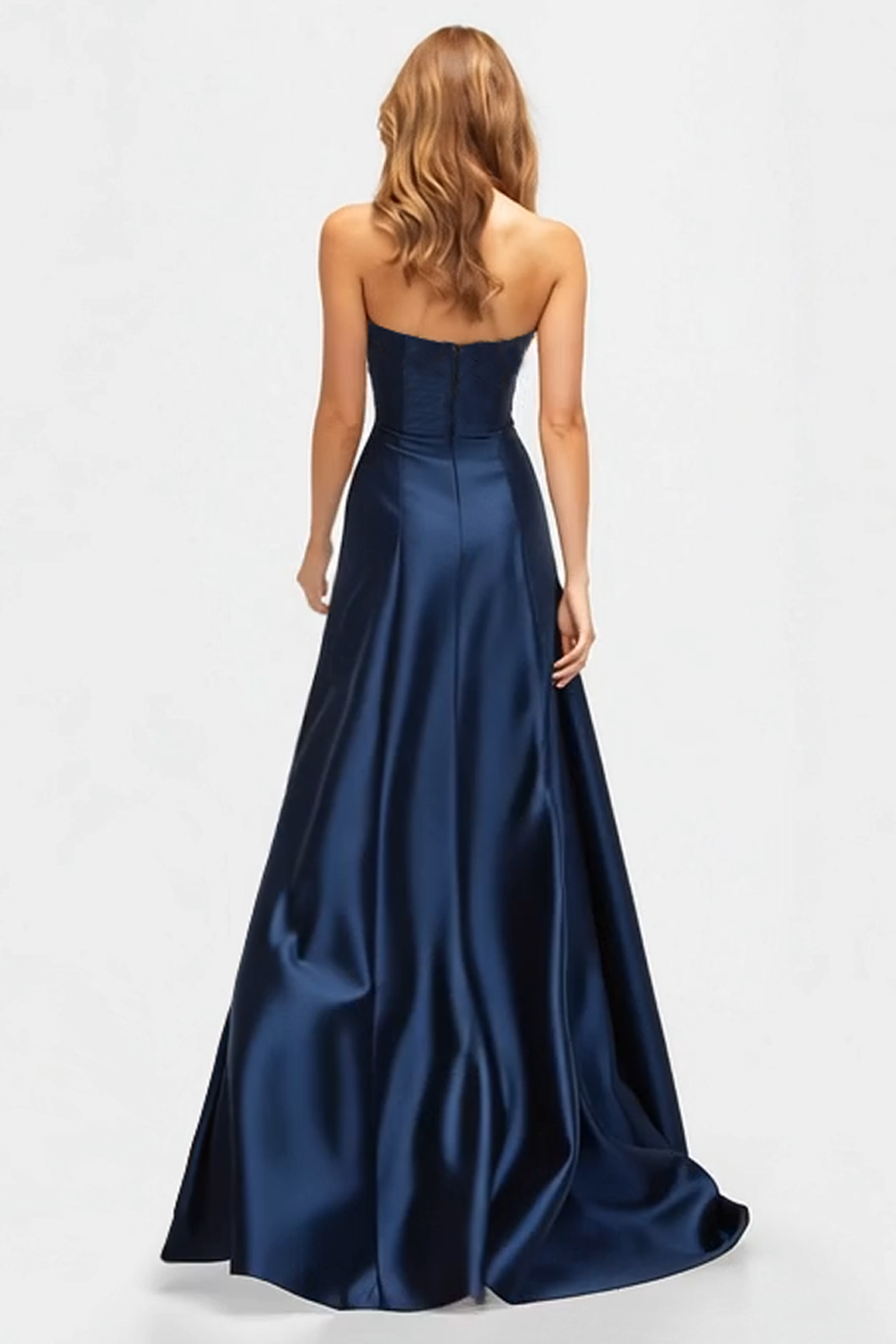 Funkelndes Perlenbesetztes marineblaues A-Linie Satin Abendkleid mit Schlitz