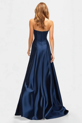 Funkelndes Perlenbesetztes marineblaues A-Linie Satin Abendkleid mit Schlitz