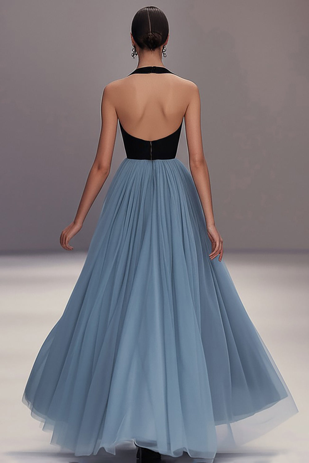 Schwarzes Blaues Langes Ballkleid aus Plissiertem Tüll mit V-Ausschnitt