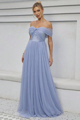 Blaues Tüll schulterfreies A-Linie Abendkleid