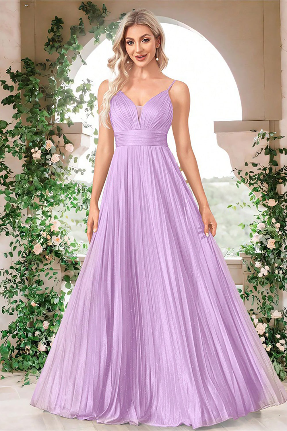 Glitzerndes Fuchsia Spaghetti-Träger A-Linie Langes Ballkleid mit Falten