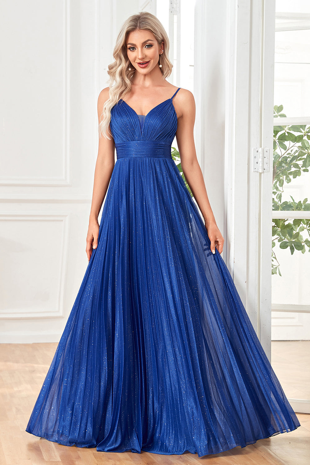 Glitzerndes Fuchsia Spaghetti-Träger A-Linie Langes Ballkleid mit Falten