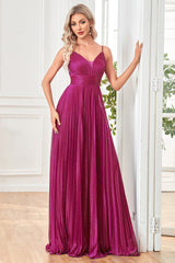 Glitzerndes Fuchsia Spaghetti-Träger A-Linie Langes Ballkleid mit Falten