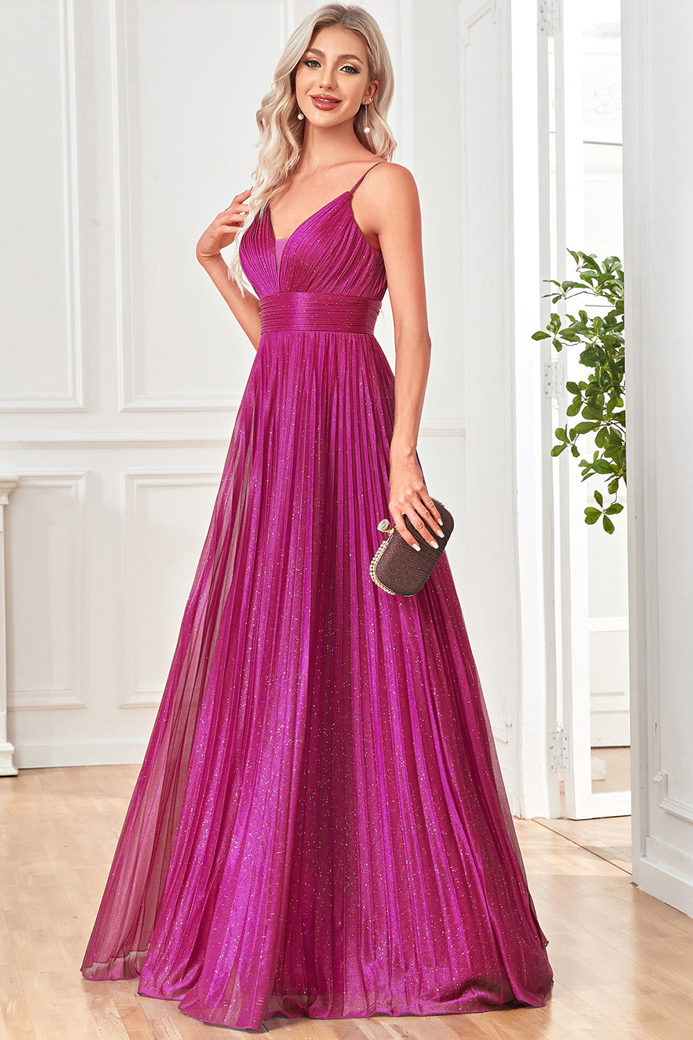 Glitzerndes Fuchsia Spaghetti-Träger A-Linie Langes Ballkleid mit Falten