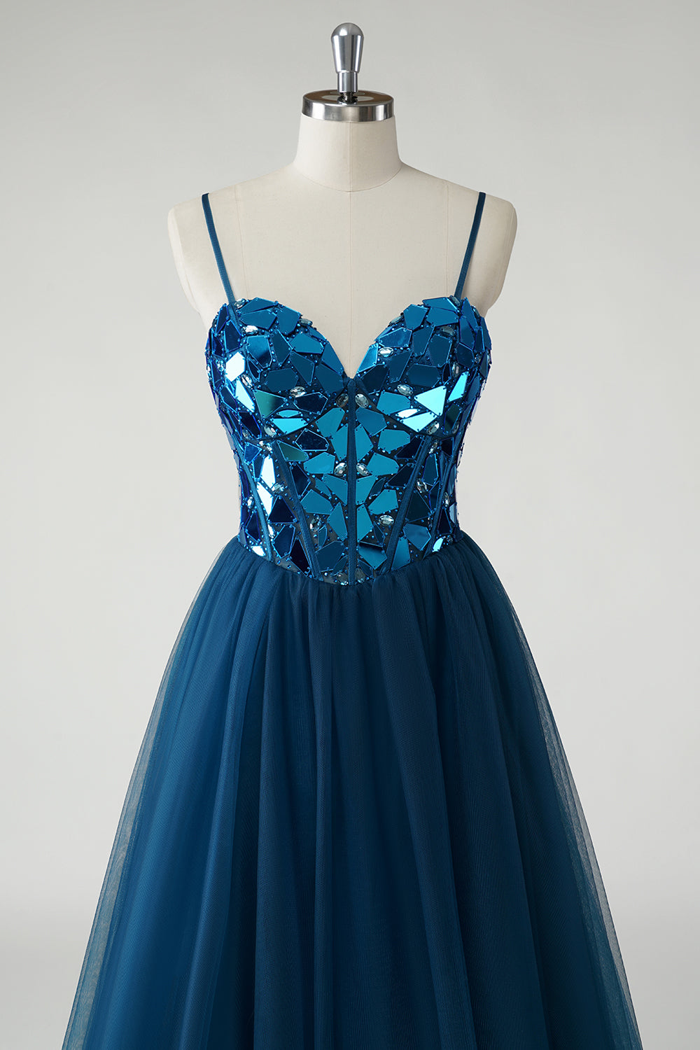 Glitzerndes dunkelblaues Spiegel A-Linie Langes Ballkleid