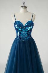 Glitzerndes dunkelblaues Spiegel A-Linie Langes Ballkleid