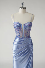 Glitzerndes blaues Meerjungfrauen Satin Blumen Ballkleid mit Schlitz