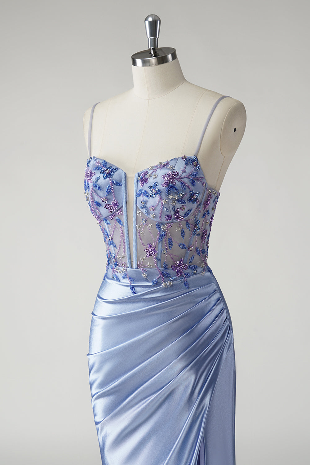 Glitzerndes blaues Meerjungfrauen Satin Blumen Ballkleid mit Schlitz